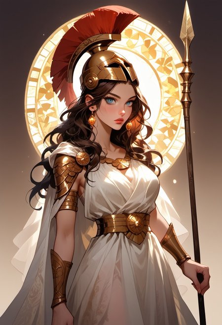 Stable_Yogis_PDXL_Positives, (score_9, score_8_up, score_7_up), ((zPDXL3)), ((zPDXLxxx)), ((Greek mythology style)), ((face focus, eye focus, dynamic angle, motion)), 1girl, solo, fantasy, (greek_athena, helmet ontop of head, brown hair, long hair, toga, armor, sandals), ((((sheer material, silk, semi-transparent clothes)))), (ancient greek clothes), (armor), (holding spear), lace, cape, breathless intimacy, tanned skin, petite model bombshell, heart, young, delicate features, narrow pointy nose, tiny nose, lust, big eyes, seductive eyes, blue eyes, detailed skin, flared lashes, mascara, makeup, perky huge breasts, athletic body, narrow waist, skinny hips, 
warm light, detailed, neon dark party
 BREAK
milky way, runes, arcane, astral, surreal, ethereal glow, masterpiece, best quality, intricate design. colorful, moonlit nightsky, stained glass aesthetic, moody whimsical color palette, murano glass, bold soldering lines, volumetric light shining through, crepuscular rays, intricate craftsmanship, detailed texture, luminous transparency, reflective light play, vivid hues, atmospheric depth, enchanting silhouette, art nouveau,