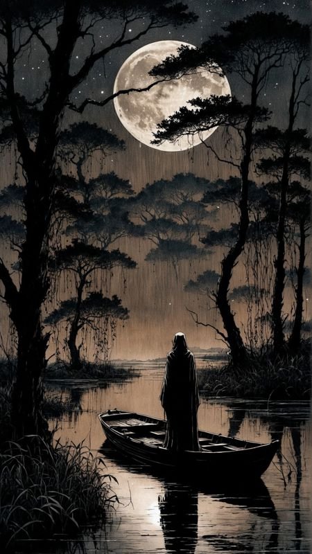 linquivera,  Ink illustration, (anime:0.5), brown tones, aged black red paper, inkpunk, moonlight,surreal, a ghost standing on a boat in swampy wetlands, (at a distance), Will-o'-the-wisp, moonlit, lonely, solitude, windy, tall trees, willows, willowy,  OverallDetail, extremely detailed, UHD,(long exposure , dystopian but extremely beautiful:1.4),<lora:- SDXL - letitflrsh_let_it_flourish_V1.0:0.8> ,<lora:Cute_Collectible:1>, <lora:XL_boss_battle:0.6>  <lora:add-detail-xl:1>,  <lora:Concept Art Twilight Style SDXL_LoRA_Pony Diffusion V6 XL:1>,  <lora:MJ52:1>