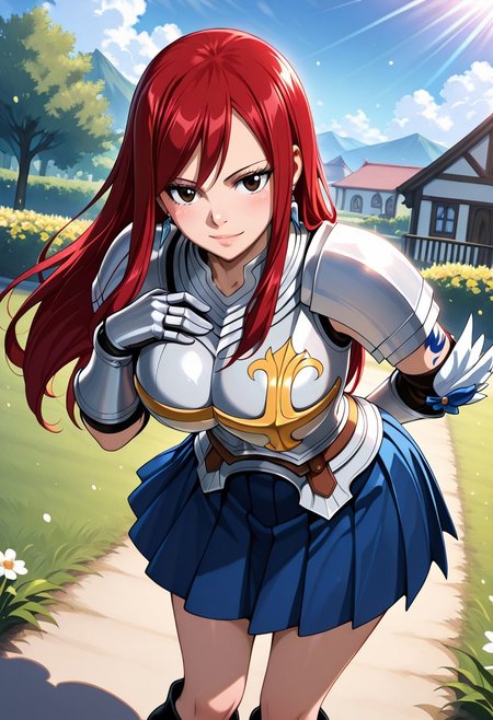 masterpiece, best quality, amazing quality, dynamic view,  solo, dynamic view,  solo, 1girl, masterpiece, best quality, bokeh, luminescent background, 
(erzascarlet,,
 red hair, long hair, earring,  brown eyes, shoulder tattoo, fairy tail tattoo, large breasts,,
armor, breastplate, gauntlets, pauldrons, shoulder armor, pleated skirt, blue skirt, khee boots, black boots,
, ), 
outdoors, garden, sunlight, day, bush, leaning forward, dutch angle,  gloves, blue sky, grass, flower, white flower, house, bowing, butler bowing, arm behind back, hand on own chest, , closed eyes, looking at viewer, light smile, closed mouth