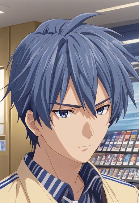 high resolution, solo, best quality, 1Boy, Tomoya Okazaki, Grey Blue Hair, brand ambassador, brochure design, OverallDetail