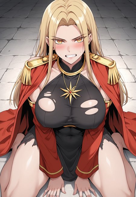 safe_pos, score_9, score_8_up, score_7_up,  source_anime, rating_explicit, 1girl, breasts, skirt, thighhighs, solo,1girl, breasts, Victoria,1girl,  mature female, (huge breasts:1.3),(military uniform:1.3), red coat, black thighhighs, gloves, red skirtred_cape, blonde_hair, solo, long_hair, cape, dress, clenched_teeth, small_head, yellow_eyes, glaring, looking_at_viewer, angry, stone_floor, teeth, kneeling, (black_dress:1.5), barefoot, covered_navel, covered nipples,sweat, scowl, parted_bangs, thighs, bare_legs, covered_breasts, bangs, sitting, v-shaped_eyebrows, blush, japanese animation, absurdres, toned, black_hair_tie, high contrast, aesthetic, toned, vivid color, muscular, (wide_shoulders:1.2), (tall_girl:1.2), wide hips, 2d, thighs, beautiful, sexy, black_clothes, crossed arms,cute_face,open_mouth,bangs, (thick_thighs:1.2), (huge_hips:1.2), (large shoulders:1.2), finely detailed beautiful eyes, finely detailed face,delicate facial features, (tall:1.4), small head,  beautiful eyes and detailed face,toned,(healthy_body:1.2), (best quality, high quality, masterpiece, hyper detail, detailed face,detailed_eyes,detailed_pupils:1.3), collarbone, (detailed_eyes:1.5) ,(masterpiece:1.7),(high quality:1.7), same_eyes,same_pupils,(clear:1.5), detailed_eyes, collarbone, bangs, detailed_eyes, black_clothes, detailed_arms, amazing quality, (large_shoulders:1.4), epaulettes, wariza, (torn_clothes:1.5), upper body, covered_shoulders, muscle, broken floor