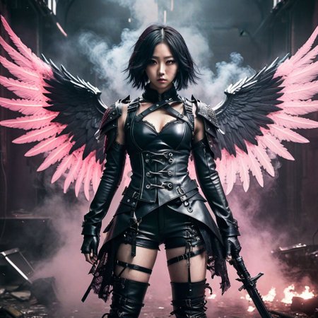 (K-pop idol name) as a dark anime anti-hero, (revealing battle outfit:1.3) with leather and lace, weapons, wings, defiant expression, smoky battlefield background, dramatic pose, desaturated color palette with pops of neon, harsh lighting, detailed textures