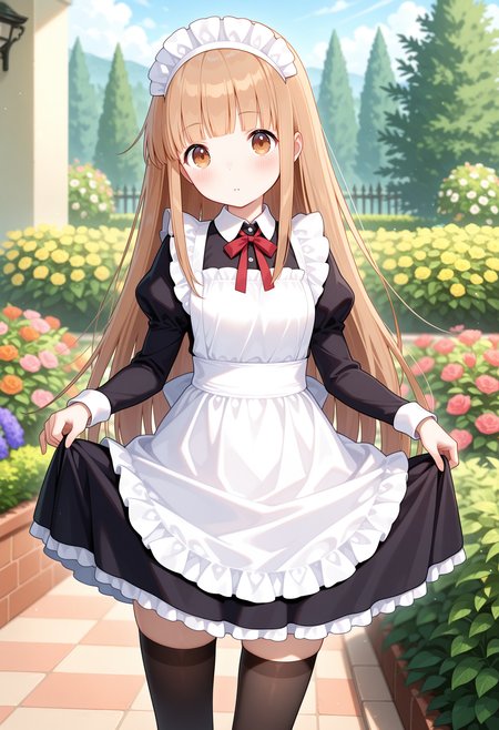 best quality, masterpiece, 1girl, aamiyano, long hair, brown hair, blunt bangs, brown eyes, <lora:miyano_(tanakeda)_ilxl_v1:0.9>, garden, standing, cowboy shot, maid, maid headdress, skirt hold, curtsey, zettai ryouiki,