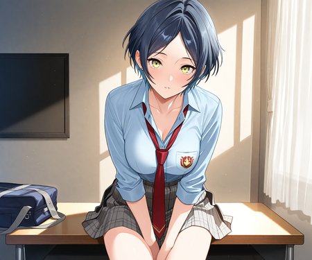 masterpiece, best quality, amazing quality, sfe, 1girl, solo, looking at viewer,hayami kanade, shirt, pleated skirt,  loose necktie,  <lora:Vanadium style ILL-v2:1.2> vanadiumcjf