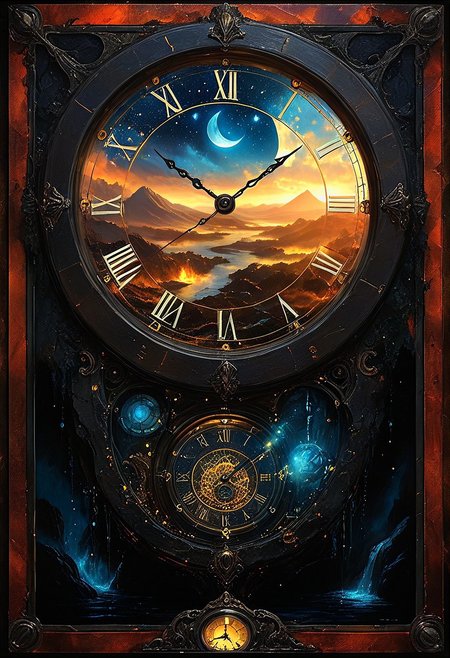 ((red-blue, artifact,
<lora:aidmaMTG-CardsXL-v0.1:1> ,mtg, mtg card)),
framed in a MTG card, 
top- down, fantastical and surreal scene, closeup inside of an enormous ancient pocket_clock standing upright with its cover open revealing a magical portal, portal inside the pocket_clock, Through the portal is a breathtaking landscape unfolds, towering mountains, a cascading volcano, a steaming river winding through a burned forests, The edges of the pocket_clock are adorned with intricate glowing runes and vines, the clock resting on obsidian floor, mystical touch, illuminated by a crescent moon and twinkling stars, dreamlike and otherworldly atmosphere, sense of adventure and wonder, view from above, 
(score_9, score_8_up:1.1), score_7_up, a fine color ink lineart sketch, (reflective volumetric), raytracing, absurdres, dark, low-key, mtg, mtg card