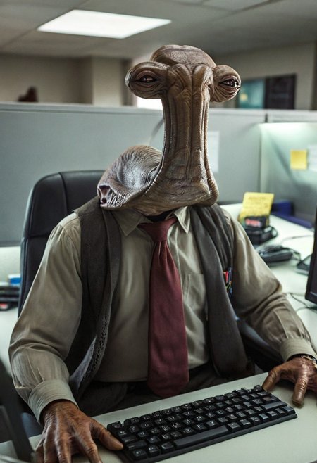 Cinematic Hollywood Film Style, High definition photograph, HDR, RAW photo, 8k resolution, Photorealistic, ultrarealistic,  ithorian hammerhead alien as an ordinary office worker, sitting in his cubicle typing on a computer, dull, ordinary, boring, wearing a tie