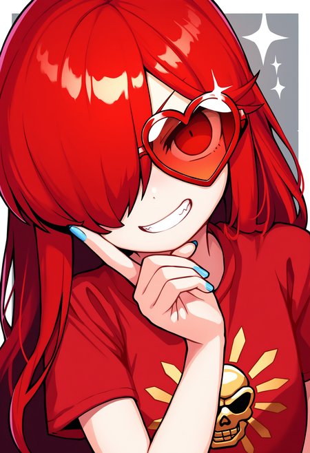 masterpiece,best quality,amazing quality,
1girl, solo, red hair, shirt, heart, smile, long hair, heart-shaped eyewear, red eyes, hair over one eye, looking at viewer, red shirt, t-shirt, upper body, print shirt, sparkle, tinted eyewear, short sleeves, bangs, nail polish, oda nobunaga (fate), blue nails, grin, one eye covered, sunglasses,
<lora:Akai_ugokashitari:1>