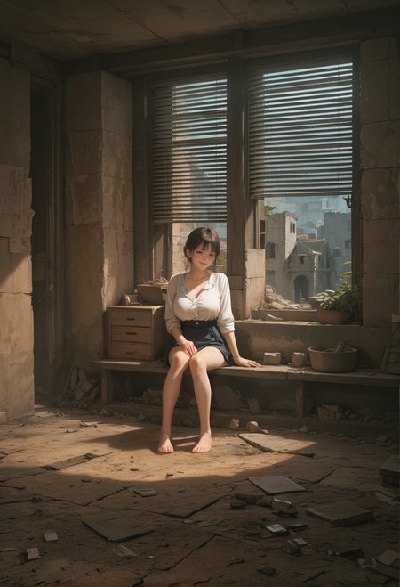 ,ruanyi0911,blinds,ruins,indoors,<lora:0911 ruins_v1_pony:0.7>, score_9, score_8_up, score_7_up, score_6_up, score_9, score_8_up, score_7_up, score_6_up source_anime, blush, 1girl, seduce smile, perfect body , natural huge breasts