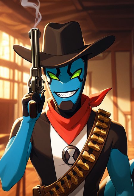 masterpiece, best quality, amazing quality, very aesthetic, absurdres, newest,, detailed background, 
 movie scene, cinematic scene, cinematic, foreground blur, depth of field, 
xlr8, blue skin, green eyes, 1boy, stripped tail, reptile tail, green sclera, pokemon (creature), alien, black chin,
cowboy hat,  red neck bandanna, at bar, bandolier, holding revolver, smoking, smile, big teeth, sharp teeth, big smile, upper body, cowboy saloon,
