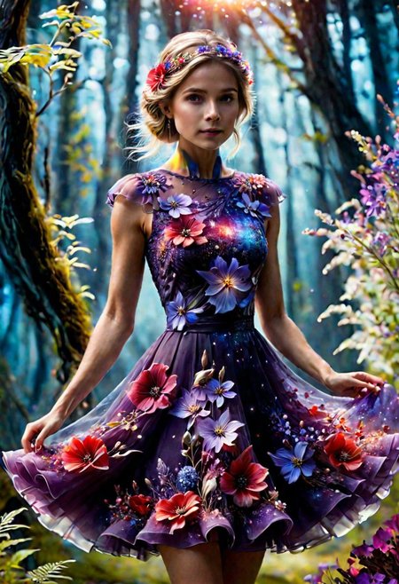 (miniature butifl woman), ((bioluminescent)) dress purple|red flower gloow, fabulous night forest, standing under a flower,spiral galaxy, magical radiance,Concept art,depth of field,Raw photo,realistic,cinematic lighting,soft shadows,sharp focus,fractal,colorful,depth of field,best quality,16k resolution,vivid colors,volumetric lighting,