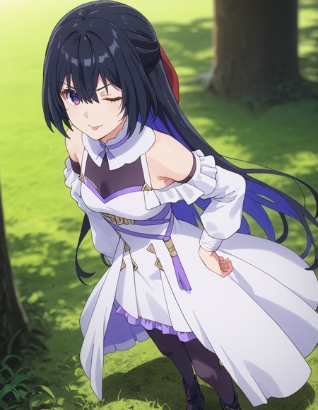 score_9, score_8_up, score_7_up, source_anime, BREAK
1girl, solo, looking at viewer, blurry background, from above, :p, tongue out, one eye closed, standing, hand on own hip, full body, grass, outdoors, tree shade, v-shaped eyebrows,
tinasha (unnamed memory), long hair, multicolored hair, black hair, purple hair, half updo, hair between eyes, hair bow, purple eyes,
white dress, off-shoulder dress, detached sleeves, puffy sleeves, frills, belt, black pantyhose, black high heels,
<lora:tinasha-unnamed_memory_s2-pxl-anime-soralz:1>