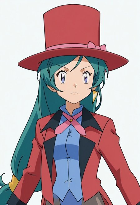 score_9, score_8, score_7_up source_anime, anime_coloring, anime_sceencap, highres, solo, standing, cowboy shot, upper body, face focus
PKMNFrancesca, 1girl, long hair, very long hair, low-tied long hair, bangs, green hair, aqua hair, purple eyes, blue eyes, , jewelry, earrings, hat, red headwear, top hat, bow, pink bow, hat bow, jacket, red jacket, coat, tailcoat, long sleeves, shirt, blue shirt, collared shirt, ribbon, pink ribbon,