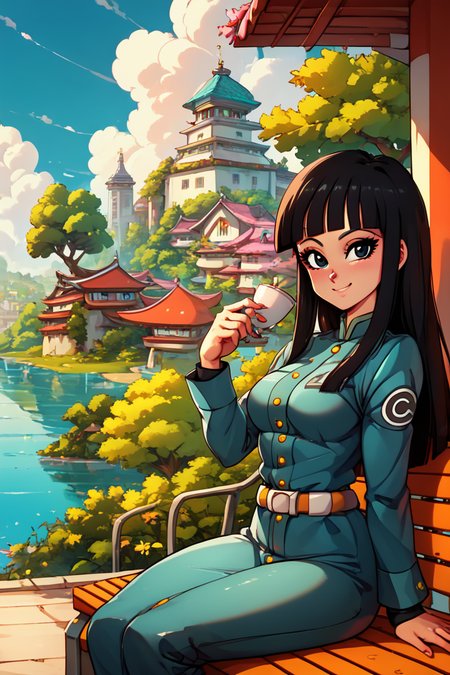 score_9, score_8_up, score_8, medium breasts, (curvy), cute, eyelashes,       ,,, , ,,, zzMai, long hair, black hair, black eyes, blunt bangs,  military uniform, belt, <lora:FutureMai_DragonBall_PDXL:1.0>,  ,,,, BREAK, sitting on bench, side view, smile, looking at viewer, cowboy shot,  ,,, BREAK, pnkBldng, sky, day, cloud, tree, blue sky, building, architecture, east asian architecture,  ,,, BREAK, embedding:zPDXL, Expressiveh,  ,,, <lora:PinkBuildingsPDXL_v2:0.6>, <lora:SDXLFaeTastic2400:0.5>, <lora:Expressive_H-000001:0.4>