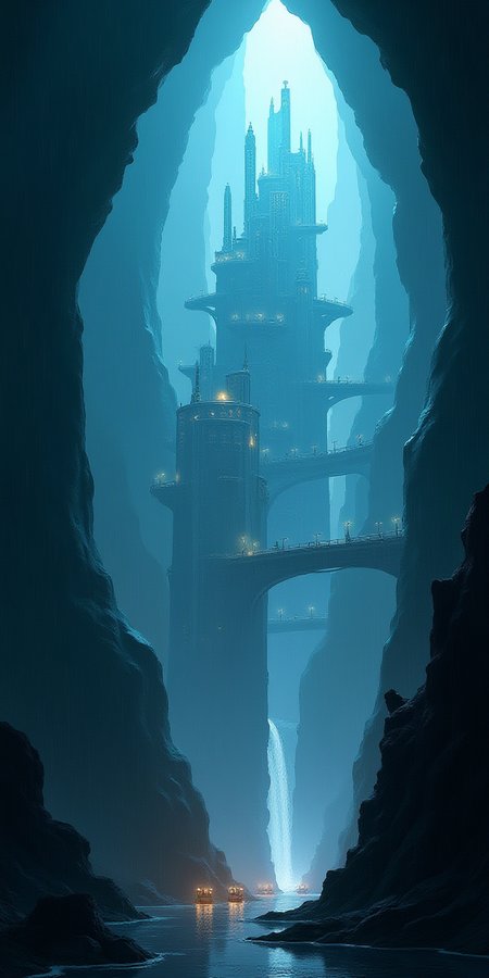 a fantasy city built within a vast cave, sleek glass buildings, elegant walkways between towers, illustration, raining, dark and moody lighting, digital art, oil painting, fantasy, 8 k, trending on artstation, detailed