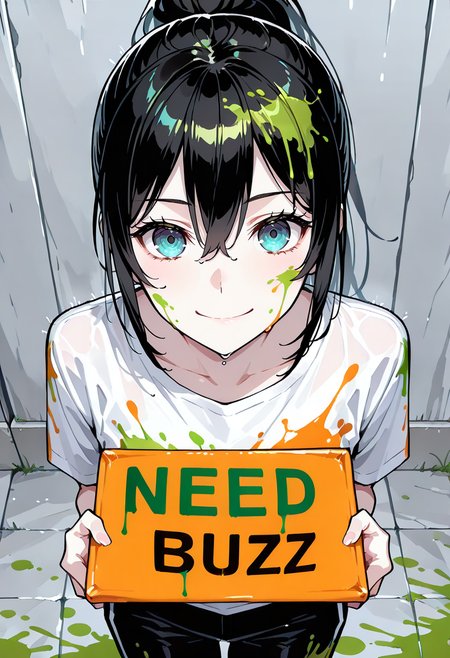 score_9, score_8_up, score_7_up, ultra details, high details, absurdres, masterpiece, best quality, 2k, 4k, very aesthetic, source_anime, rating_explicit, 1girl E3r6ic2ae2xs3s, solo, BREAK,
simple_background, (light_background:1.1), light_grey_background, darkness, colorful, (paint_splatter:1.2), BREAK,
(black_paint_splatter:1.25), (paint_splatter_on_hair:1.2), BREAK,
(amber_paint_splatter:1.25), paint_splatter_on_face, BREAK, 
(turquoise_paint_splatter:1.25), paint_splatter_on_body, BREAK, 
(yellow_paint_splatter:1.5), paint_splatter_on_arms, BREAK, 
(red_paint_splatter:1.75), paint_splatter_on_clothes, BREAK,
(orange_paint_splatter:1.75), paint_splatter_on_floor, BREAK,
(orange_paint_splatter:1), paint_splatter_on_wall, BREAK,
(blue_paint_splatter:1.25), BREAK,
(green_paint_splatter:1.75), BREAK,
(pale_skin:1.5), (white_skin:1.5), BREAK, BREAK,
medium_hair, (black_hair), high_ponytail_hair, BREAK,
(light_blue_eyes), high detailed eyes, detailed eyes, eyesHD, high gradient eyes, dark beauty, BREAK,
medium_breasts, white_shirt, black_pants, BREAK,
smile, (crazy:1.25), holding_sign, ((text "Need Buzz!")), ((sign "Need Buzz!")), ((text_sign "Need Buzz!")), text_focus, BREAK,
from_behind, looking_at_viewer, close-up, face_focus, facing_viewer, (view_from_above:0.65), BREAK,
<lora:WaifuEyesIllustriousV1.0:1>, <lora:DarkerThanBlackIllustrious:1>, <lora:illustrious_quality_modifiers_masterpieces_v1:1>, <lora:add-detail-xl:1>, heavy_rain, wet, <lora:Rain (Illustrious) v1:1>, <lora:dark_beauty:0.5>,