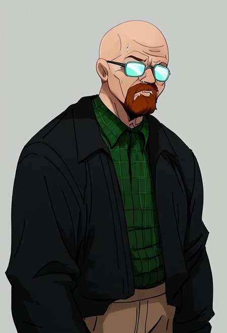 score_9, score_8_up, score_7_up, t00nstyl3
   , masterpiece, beautiful, opaque glasses
,black jacked,1 old man, walteruwaito,Middle-aged man, bald, Glasses, power pose, cold look,bear,goatee beard,green squared shirt under jacked, khaki pants