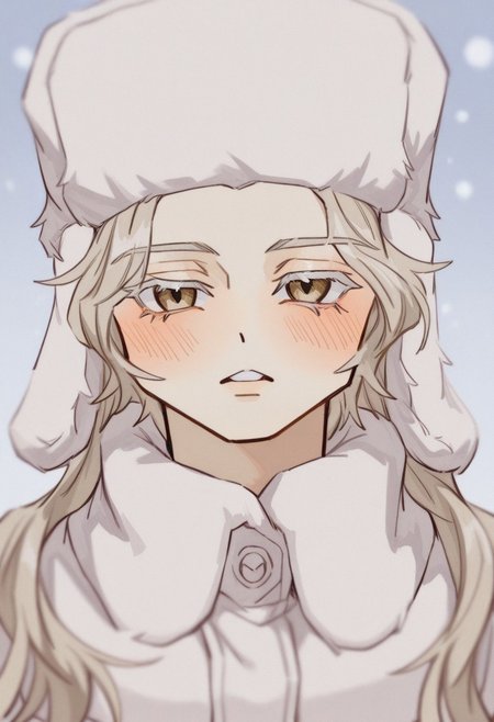 zunkome, digital illustration, charact portrait, depth of field, pastel coloring/(medium/), blonde hair, very long hair, blushing, face focus, buck teeth, looking at viewer, ushanka, mittens, winter coat