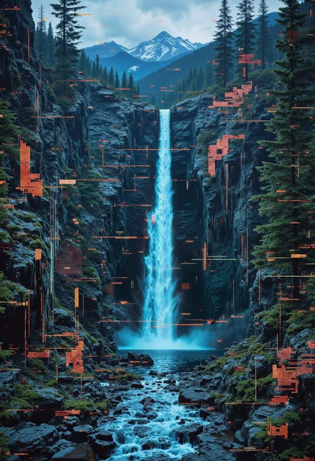 Create a highly detailed, high-resolution image of an hologram projecting an breathtaking scene - a majestic waterfall in a pristine winter landscape. Evergreen trees surround both sides of the falls and the river below ,the water returning to it's serene state after the violent fall from above. Far beyond the waterfall,snow-capped mountains are visible through low clouds.
Vertical glitches where the hologram is failing are showing the circuits behind the image, fragments of neon blue and green circuitry and pulsing blue energy lines reveal themselves. These technological anomalies add an intriguing layer of depth and complexity to the otherwise breathtaking natural scenery.,<lora:flux.1_lora_flyway_Epic-detail_v2:0.8>,<lora:Glitchcore_Flux:1.4>,gl1tchc0re,glitch,glitched,glitched graphic,abstract glitch,glitch texture,<lora:bo-digitalabstract:0.8>,bo-digitalabstract, <lora:Glitch Style:1.2> glitch, flickering, digital, glitch style