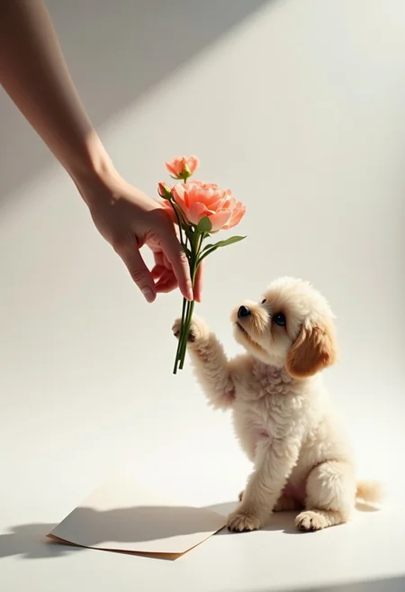 little curly maltipoo, his paw with a bouquet, he gives it to woman, shadow 3d, quantum rendering, realistic, hyper-detailed, colorful, 50mm lens, professional photoshoot, full-hight scene view, chiaroscuro lighting
