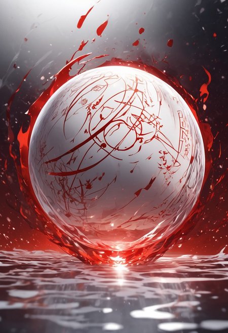 (masterpiece), best quality, Symphtia-Style, Anime, (Floating Sphere, Dripping Liquid), White Background, No Humans, White and Red Theme, (Ancient Runes, Glowing Runes, Light Refraction), Symphtia-Style, Zyrnox-Exoterra Style