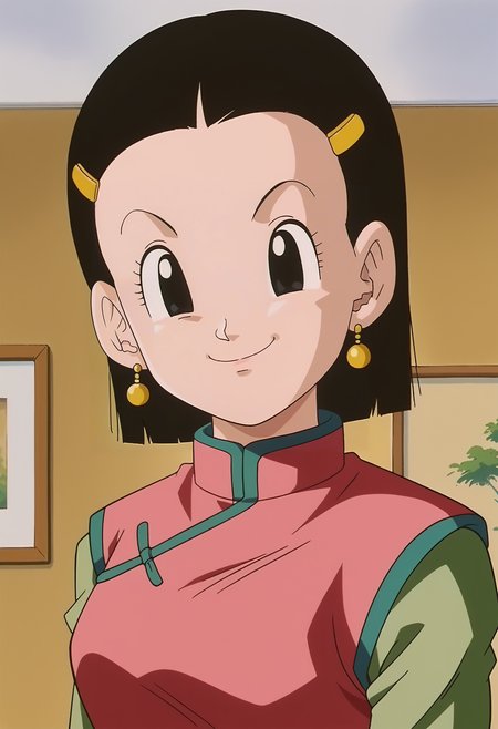 <lora:Chi-Chi-Dragon_Ball_GT:0.9>,Chi-Chi,mature female,1girl,solo,black hair,black eyes,hair ornament,hairclip,short hair,chinese clothes,upper body,looking at viewer,indoors,light smile,