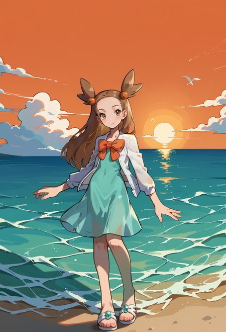 score_9, score_7_up, source_anime, BREAK smile, ocean, horizon, sunset,  <lora:Jasmine:1> J4SM1N3, brown hair, long hair, pigtails, brown eyes, || Orange hair ornament, aqua dress, white jacket, orange bow, sandals,