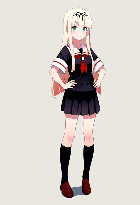 best quality, amazing quality, very aesthetic, absurdres,
1girl, yuudachi, blonde hair, long hair, straight hair, black hair ribbon, bangs, green eyes,
black serafuku, neckerchief, pleated skirt, red neckerchief, school uniform, short sleeves, white sailor collar, black socks, loafers,
hands on hips, standing, full body, smile, looking at viewer, solo, simple background, white background      <lora:YuudachiNoobXL_byKonan:1>