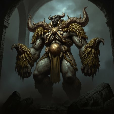 first person pov, 3D01S, simple background atmospheric and powerful dark fantasy, natural organic and first person pov of a 
A towering Golem, crafted from ancient stone and animated by arcane magic, stands as an imposing figure of power. Its body is made of jagged, weathered stone, with cracks glowing faintly from the magical energy flowing through it. Veins of moss and dirt cover parts of its massive form, giving it an ancient, earthy appearance. The golem's muscular arms and legs add to its brutish stature, each step heavy and deliberate, shaking the ground beneath.
Its face is featureless except for glowing hollow eye sockets. Armor-like stone plates cover its body, with bronze or gold accents hinting at its regal, ancient origin. Growing from its back are small, twisted statues or faces, remnants of cursed spirits or multi-consciousness trapped within.
The golem's fists are enormous, capable of crushing anything in their path, sometimes wielding a sharp, curved obsidian blade. A glowing symbol on its forehead or chest signifies the source of its life, tied to an ancient deity or magic. Its slow but powerful movements radiate unstoppable force, making it an awe-inspiring, dangerous guardian of sacred grounds.
UHD letterboxed game trailer frame chromatic aberration dark atmosphere sharp masterpiece with a focus on the character, elden ring style, dark atmosphere, chromatic aberration