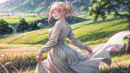 masterpiece, ultrarealism,
1girl, (((white dress, dress, cute dress, linen dress, long dress))), (perfect hands:1.2), Solo,  portrait, closeup, view from the back, blond hair,  look at the viewer, cute smiling, amazing eyes, detailed eyes,
dazzling rays of the sun, day, amazing background, stands in the center, best shadows, strong depth of field, fields, hill, greenery, grass,
(realistic:1.3), epic realistic, detailed, 4k, <lora:TogaHimikoLoRA:1>, <lora:add_detail:0.95>,