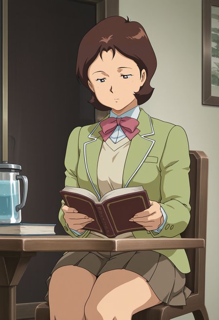 1girl,solo,mm,mature female,brown hair,short hair,retro artstyle,anime coloring,
blazer,jacket,bow,skirt,pleated skirt,sitting,on chair,holding book, looking at object, reading,table,indoors
,masterpiece,best quality,amazing quality,<lora:Mirai_Yashima-Gundam_The_OriginCucuruz_Doans_Island:0.8>