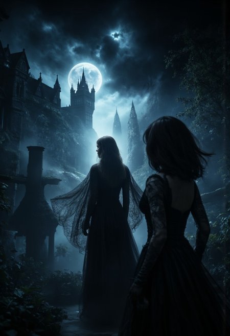 A hauntingly beautiful film noir-inspired scene depicting Ireena Kolyana, with dark hair and piercing eyes, standing in a misty, moonlit courtyard of Castle Ravenloft. She wears a stunning, vintage-inspired gown with intricate lace, exuding an air of nostalgia and sorrow. The camera captures her poignant expression, a mix of longing and despair, as she gazes up at the looming castle, symbolizing her tragic connection to Tatyana. The dim lighting, with flashes of pale moonbeams, enhances the dramatic atmosphere. In the background, the ominous, Gothic-inspired castle towers above, shrouded in darkness and sinister shadows. Style: dark, detailed, and emotionally impactful cinematography.aidmaMJ6.1,Midjourney_Whisper