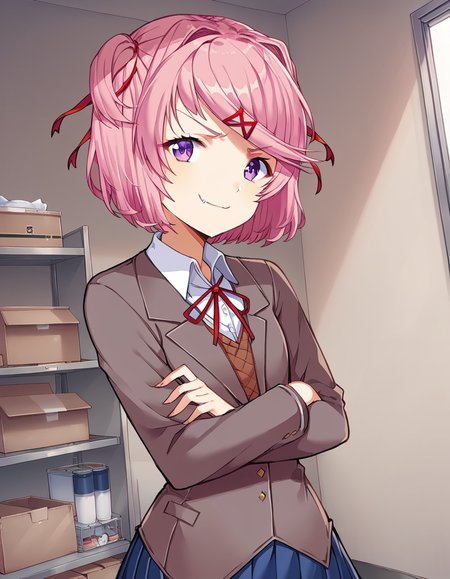 score_9, score_8_up, score_7_up, source_anime, <lora:ddlc-natsuki-ingame-ponyxl-lora-nochekaiser:1>, natsuki, fang, hair ornament, pink hair, purple eyes, short hair, short sidetail, swept bangs, x hair ornament,, blazer, blue skirt, brown jacket, collared shirt, jacket, long sleeves, miniskirt, neck ribbon, pleated skirt, red ribbon, ribbon, school uniform, shirt, skirt, swept bangs, vest, white shirt, wing collar,, storage room, shelves, boxes, clutter, supplies, smile, crossed arms, smug, looking at viewer, solo,, dutch angle, cowboy shot