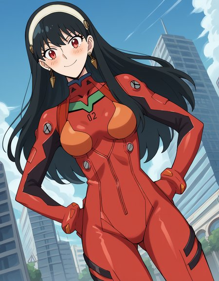 score_9, score_8_up, score_7_up, source_anime, yorbriar, <lora:yor-briar-s1-ponyxl-lora-nochekaiser:1>, yor briar, black hair, red eyes, earrings, white hairband, hairband, long hair, sidelocks,, <lora:souryuu-asuka-langley-cosplay-ponyxl-lora-nochekaiser:1>, souryuuasukalangleycosplay, souryuu asuka langley \(cosplay\), bodysuit, pilot suit, plugsuit, red bodysuit, interface headset,, cityscape, smile, blush, hands on hips,, cowboy shot, dutch angle,