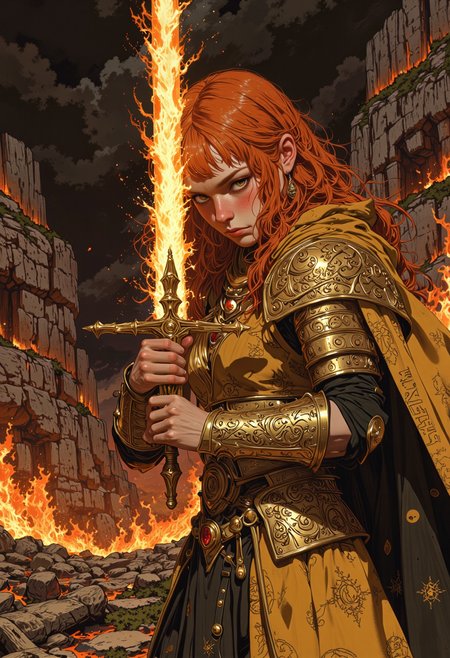 A fierce warrior queen with fiery red hair stands amidst a battlefield engulfed in flames. Her piercing gaze radiates unshakable determination as she grips a golden sword ablaze with divine fire. Her ornate armor, adorned with intricate golden filigree and ancient sigils, glows with magical energy. A flowing golden cape billows behind her, catching embers in the air. The molten battlefield around her reflects the intensity of her power, with jagged cliffs and burning remnants of war. The scene is cinematic, dramatic, and bathed in warm, golden light, exuding a sense of power, heroism, and destiny.
<lora:FluxMythV2:0.6> <lora:fantastic-realism:0.6> <lora:flux.1_lora_flyway_Epic-detail_v2:0.5> <lora:Anima-Portrait-Midjourney-FLUX:0.7>