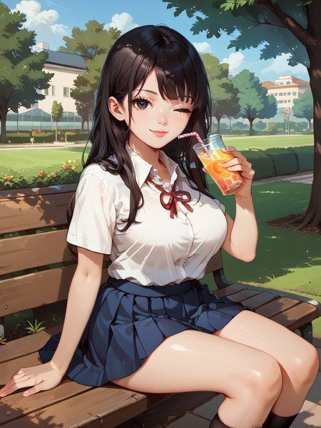 score_9, score_8_up, score_7_up, katagiriwaifu, solo, school uniform, sitting, outdoors,park,tree,shirt, skirt, realistic, wink, curvy, black eyes, looking at viewer, pleated skirt,holding, drink,  <lora:Katagiri_character:1>, det<lora:HandFixer_pdxl_Incrs_v1:0.5> , <lora:Concept Art Twilight Style SDXL_LoRA_Pony Diffusion V6 XL:1>