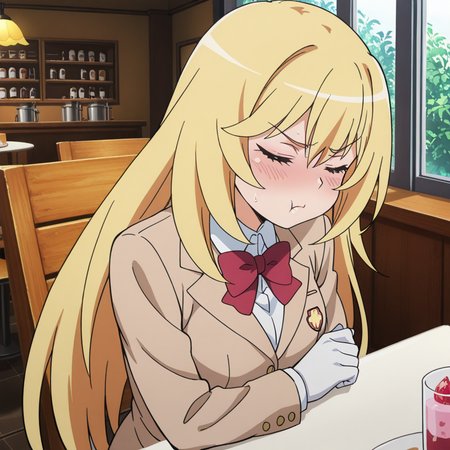 nsfw, masterpiece, best quality, amazing quality, 1girl, solo, sitting, on chair, index_railgun_shokuhou_misaki, blonde hair, tokiwadai school uniform, closed eyes, long hair, white gloves, red bow, blush, :t, jacket, white shirt, red bowtie, pout, collared shirt, indoors, restaurant, blazer, <lora:Shokuhou_Misaki_-_Index_Railgun:0.7>
