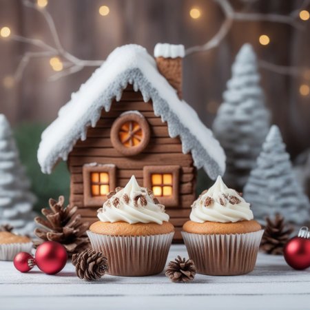 Christmas cupcakes with WHITE frosting and cute GINGERHOUSE on, 
on white wood rustic table, 
Decoration with natural elements, 
twigs, 
pine cones and cookies panorama with magic bokeh lihgts, 
red shiny ornaments, 
snowing