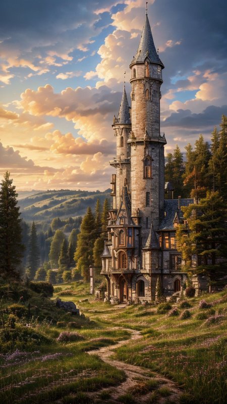 realistic analog photo, award winning photo,
 <lora:Wizard_Tower:0.75> witow, castle, cloud, cloudy sky, grass, no humans, scenery, sky, tower, tree, <lora:Fantasy_Mountains:0.75> fanmou, footprints, forest, grass, nature, no humans, outdoors, sky, tree,
RAW, highres, 8k, uhd, High Dynamic Range, tonemapping, crisp details,
