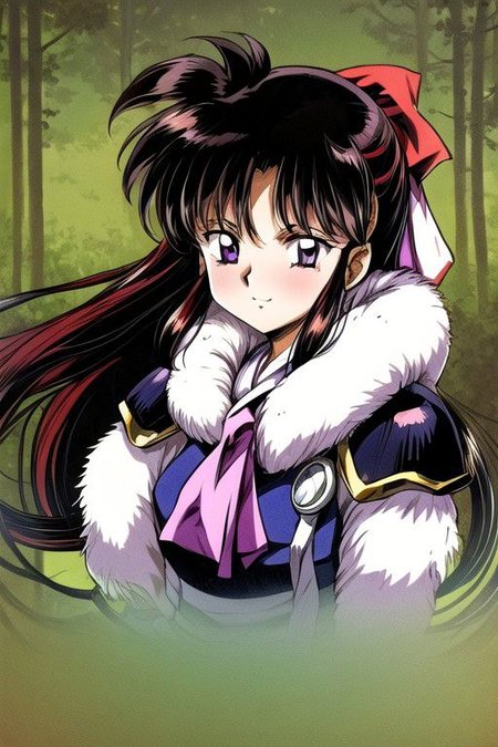 best quality 1girl Setsun4 solo long hair,  (night time) forest background black hair very long hair purple eyes multicolored hair armor, small, (fur trim) (medium body),<lora:EMS-179-EMS:0.800000>,<lora:EMS-293862-EMS:0.800000> bow, hair_bow, hair_tubes, red_bow, brown_hair, long_hair, bangs, ascot, frilled_bow, yellow_ascot, blush, smile, hair_between_eyes, athletic, armor, miko, strengthmda,  Smiling, happy, dragoon helmet, (helmet)
