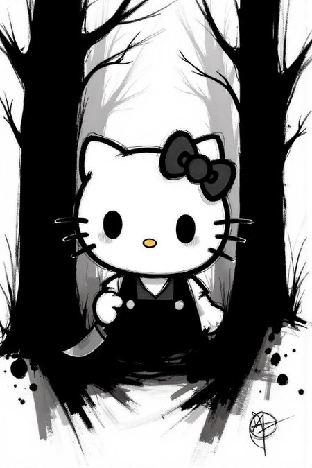 regr1 sketch Hello Kitty in the middle of the forest holding a knife, the atmosphere and the character looks scary, Hello Kitty is hidden by the shadows The background is stark white. <lora:regr3_shoujo_nocap_d6a3:0.9><lora:808047601095223721:0>