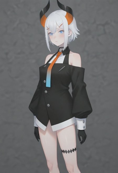 masterpiece, best quality, amazing quality,,, shiny skin,,,,,,,,nijilevi,,blue eyes,white hair,horn,pail skin,short hair,hairclip,nijilevicos,collared shirt,bare shoulder,gradient necktie,puffy long sleeves,white cuffs,black gloves,single thigh strap,