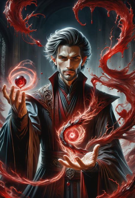 hyper detailed masterpiece, dynamic, awesome quality, a male conjurer summoning windy blood DonMM4g1cXL magic,  <lora:DonMM4g1cXL_v1.2:1>, Perfect Hands,  <lora:Perfect Hands:1>