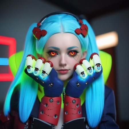 a woman, ligh blue hair, long pigtails, red tatttoos, wears a jacket, headphones, robotic big fists, having a beer in a pub, highly detailed, photography, ultra sharp, film, bokeh, professional, 64k <lora:Rebecca1024:0.8>