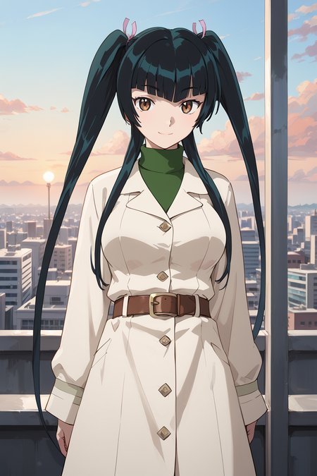score_9, score_8_up, score_7_up, , score_ANIME,wangliumei, 1girl, , solo, brown eyes, long hair, dark green hair, coat, belt, twintails, sidelocks, hair ribbon, looking at viewer, blunt bangs, long sleeves, turtleneck sweater, closed mouth,, standing<lora:wangliumei2_pony:1>, evil smile,  sunset,   city lights,  cowboy shot, rooftop,  large breasts,