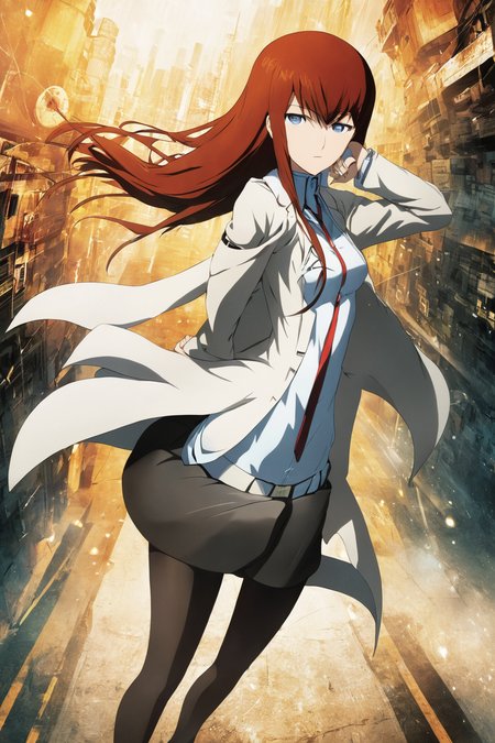 Movie cover, Steins;Gate, Kurisu Makise <lora:kurisu_makise_v0.0.1:1>, action pose, vivid, solo, laboratory, time traveling, detailed background, masterpiece, best quality, high quality, absurdres