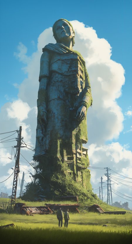 masterpiece, best quality, good quality, very aesthetic, absurdres, newest,  solo, 1boy, standing, outdoors, sky, pants, day, cloud, blue_sky, grass, plant, scenery, realistic, wide_shot, giant, ruins, power_lines, dirty, utility_pole, damaged, statue, ambiguous_gender, surreal, overgrown, post-apocalypse, photorealistic, rust <lora:ponyv6_noobV1_2_adamW-000017:0.7> <lora:USNR_STYLE_XL_lokr:0.45>