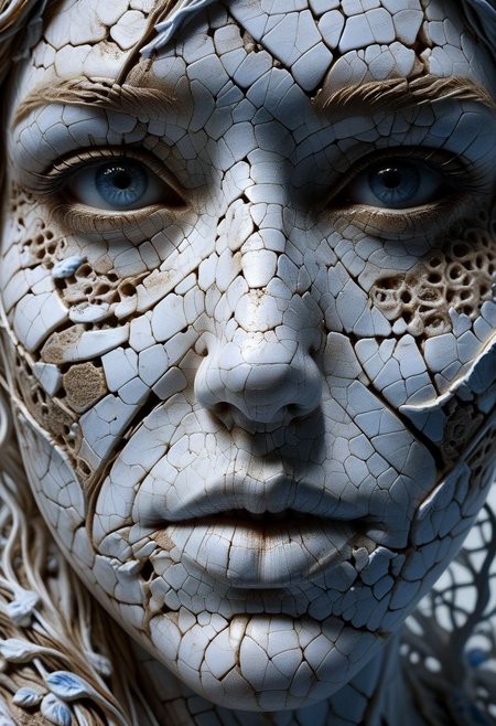 Close-up porcelain face, mysterious silhouette of a porcelain woman in worn down porcelain clothing, white and blue porcelain, alluring goddess, by Minjae Lee, Carne Griffiths, Emily Kell, Steve McCurry, Geoffroy Thoorens, Aaron Horkey, Jordan Grimmer, Greg Rutkowski, amazing depth, double exposure, surreal, geometric patterns, intricately detailed, bokeh,  perfect balanced, deep fine borders, artistic photorealism , smooth,  great masterwork by Suiras  <lora:add-detail-xl:2>  <lora:Double_Exposure:0.5>