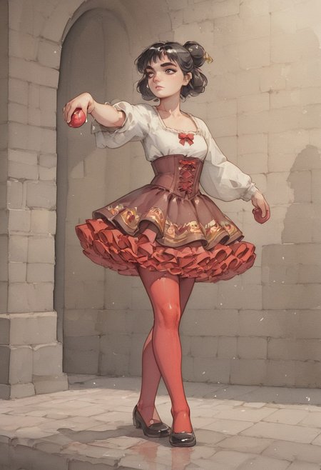 ( watercolor):2, (pastel colors), high detail, (lineless:1.2), (realistic), detailed, depth of field, dynamic lighting, masterpiece, detailed_eyes, high_quality, best_quality, highres, (muted colors), pencil lines, 
at the stone carved parapet, on the square, day,
woman in a dance pose, frontal, leg extended, toe pointed, holding castanets in hands, frozen before the start of the dance,
black hair tied in a bun, strands in ringlets, high comb with lace mantilla in hair, proud, thin nose, black eyes, shadows under eyes, thick eyebrows, narrow face, stern look, haughty,
white shirt with square neckline, shirt decorated with tassels, burgundy corset with embroidery, tightly pulled in at the waist, fluffy multi-layered skirt (skirt below the knee), red tights, black shoes with red bows and bells,