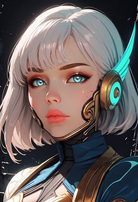 ((zPDXL3)), score_9, score_8_up, score_8, Science Fiction, Star Wars, perfecteyes, ultra detailed, high resolution, high quality, masterpiece, intricate details, intricate body, intricate landscape, knva, Expressiveh, European Instagram Model, upper body shot, low light, dungeon, ruins, green glow, black background, 
BREAK
1girl, solo, source_cartoon, mature female, allstarsdva, d.va (overwatch), white hair, blue eyes, beautiful, full lips, looking at viewer, closed mouth,