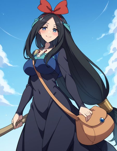 score_9, score_8_up, score_7_up, source_anime, <lora:shield-sadina-s3-ponyxl-lora-nochekaiser:1>, sadina, long hair, blue eyes, black hair, very long hair, low-tied long hair, large breasts,, <lora:witch-kiki-cosplay-ponyxl-lora-nochekaiser:1>, witch kiki cosplay, kiki (majo no takkyuubin) (cosplay), bag, black dress, bow, bow hairband, cosplay dress, hairband, long dress, red bow, red hairband, shoulder bag, sleeves past elbows,, blue sky, broom, broom riding, smile, blush,, cowboy shot, looking at viewer,, , dutch angle, cowboy shot